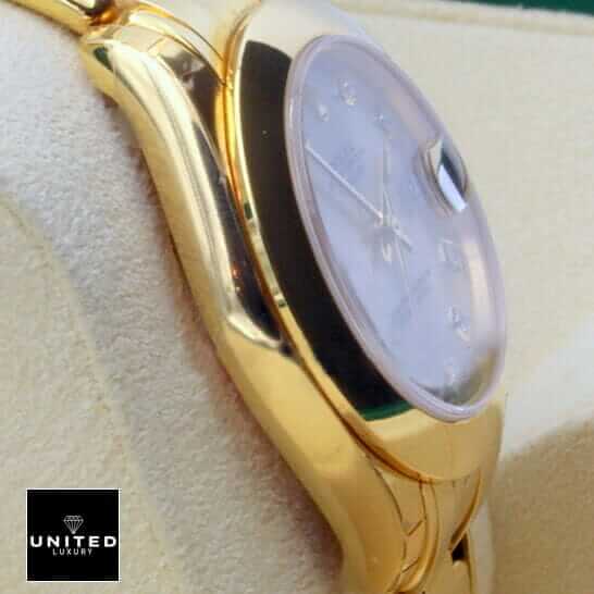Rolex PearlMaster Gold Diamond 81208  side view in the box
