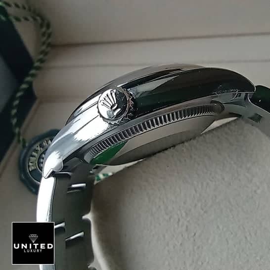 Rolex Oyster Perpetual 277200 Green Dial 7 Rolex Perpetual 31 277200 Stainless Steel Case Right Side Steel Crown Pusher