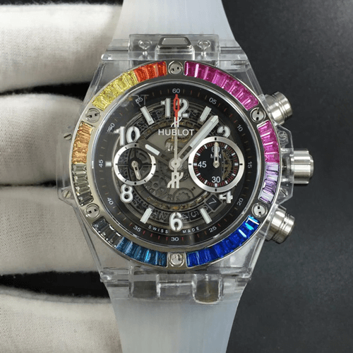 Hublot Rainbow Black 2 Hublot Big Bang Unico Magic Rainbox Bezel White Rubber Bracelet on the hand