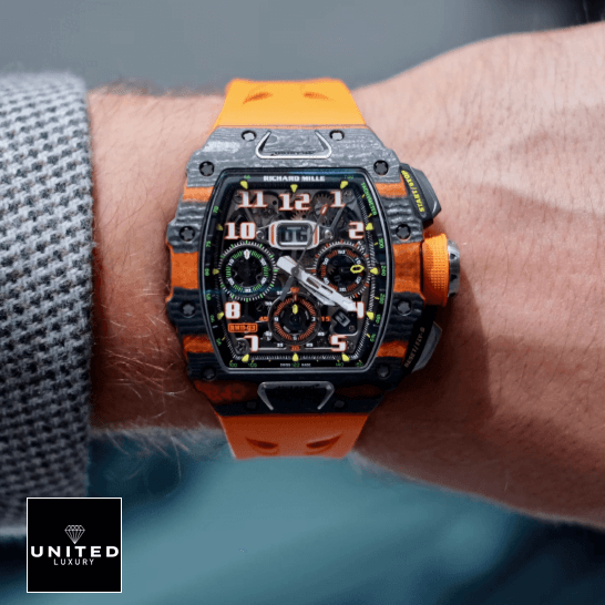 Richard Mille Mclaren hand Orange Rubber Bracelet  on the man wrist