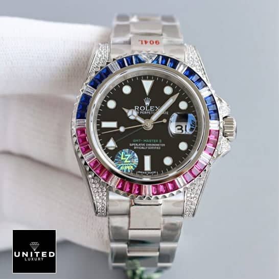 Rolex GMT Master II 116710 Blue-Red Gem-Set Bezel on his hands 