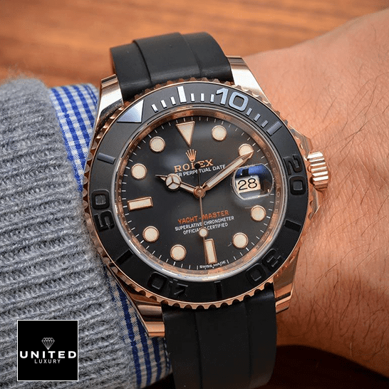 Rolex Yacht Master II Black Rubber & Black Dial  on the wrist