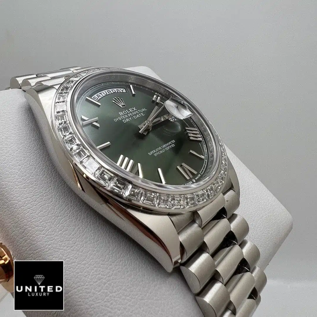Rolex Day Date Olive Diamond 1 Rolex Day Date 228349RBR Left Side Stainless Steel Case