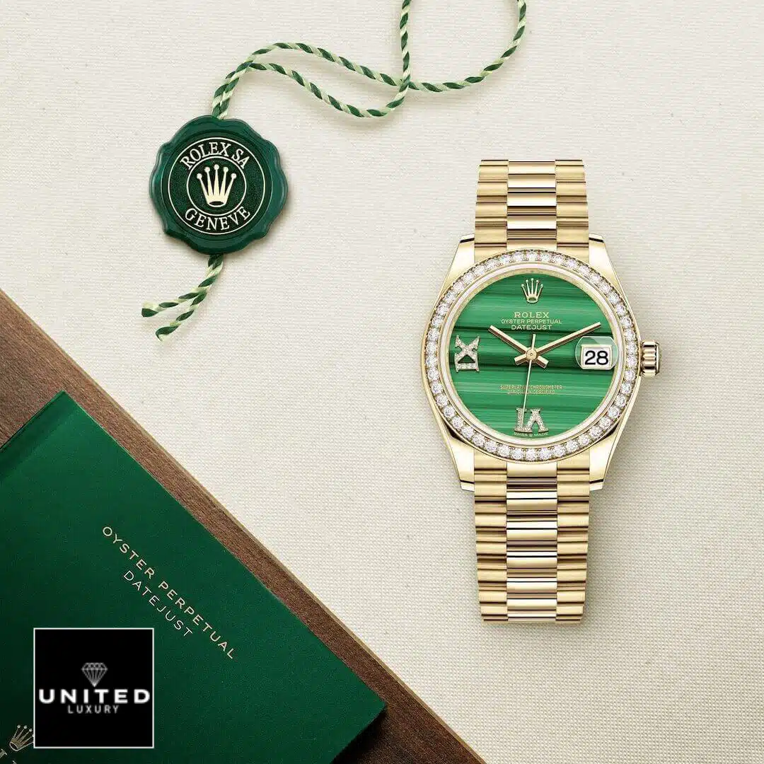Rolex Datejust Gold Green Dial 1 Rolex Datejust 31 278278-0004 diamond green dial and warranty card
