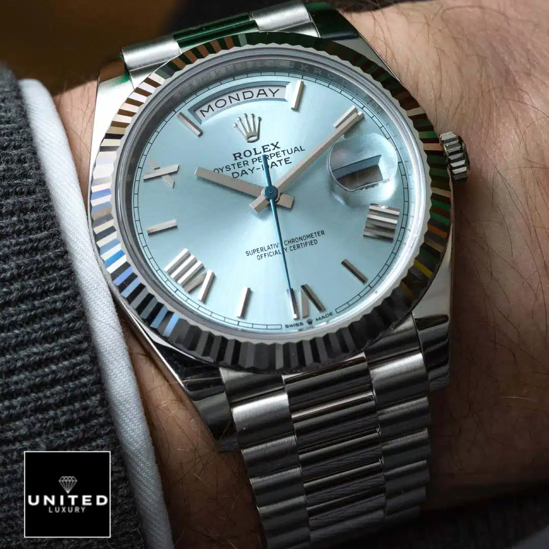 Rolex Day Date 228236 Ice Blue Grooved  on is arm