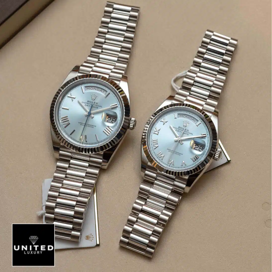 Rolex Day Date Perpetual 228236 Ice Blue Dial  on the table