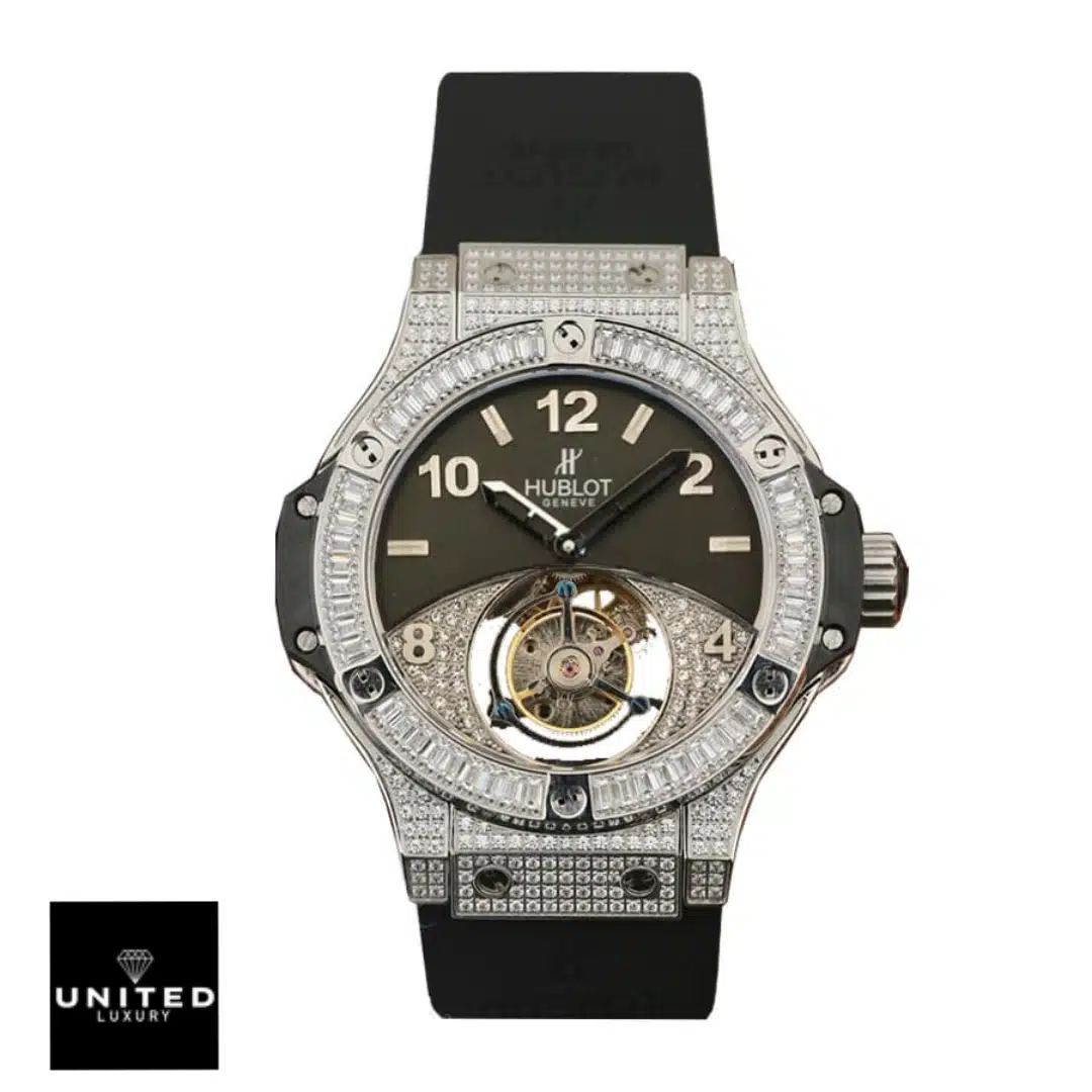 Hublot geneve tourbillion with diamonds black  white backgorund