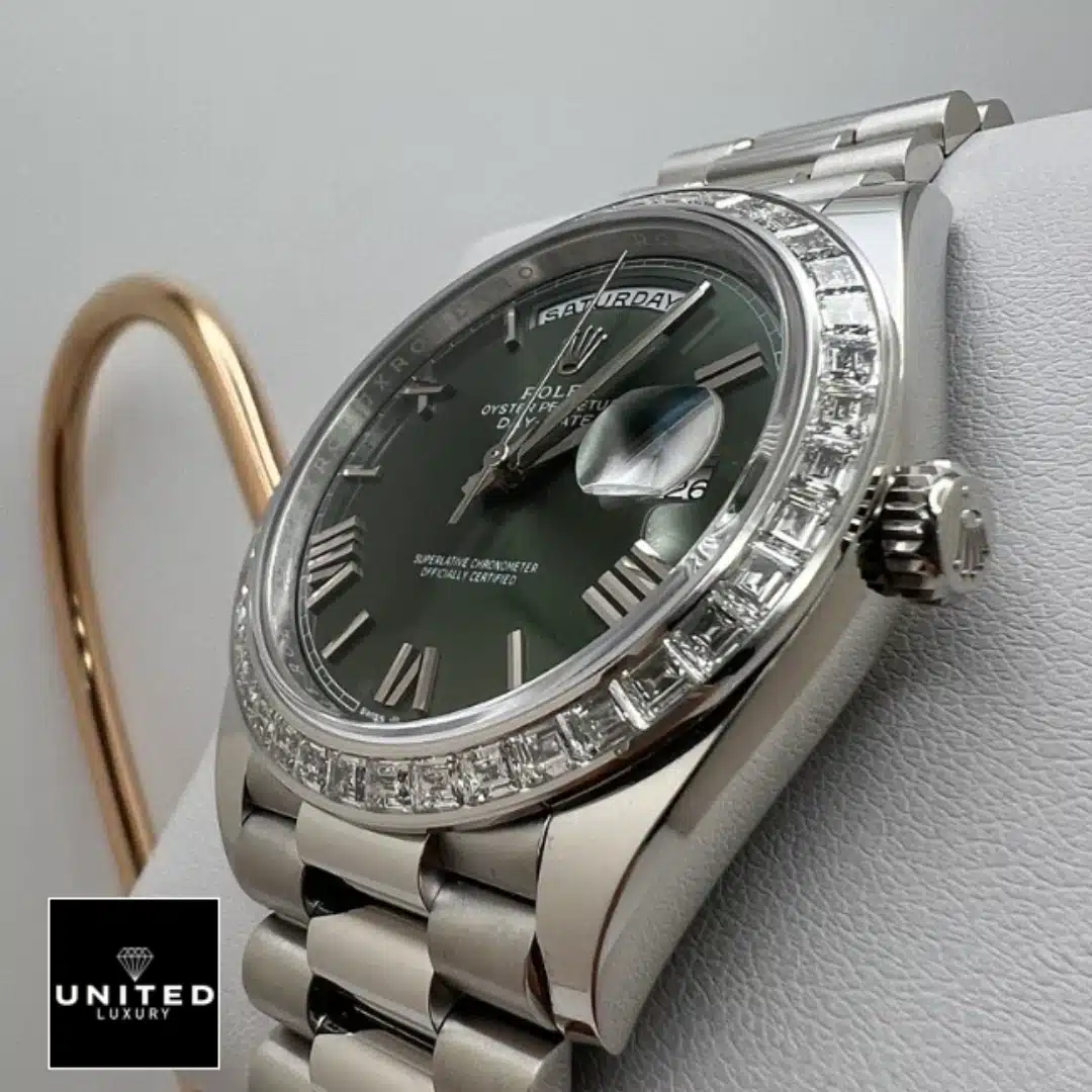 Rolex Day Date Olive Diamond 5 Rolex Day Date 228349RBR Right Side Stainless Steel Crown Pusher