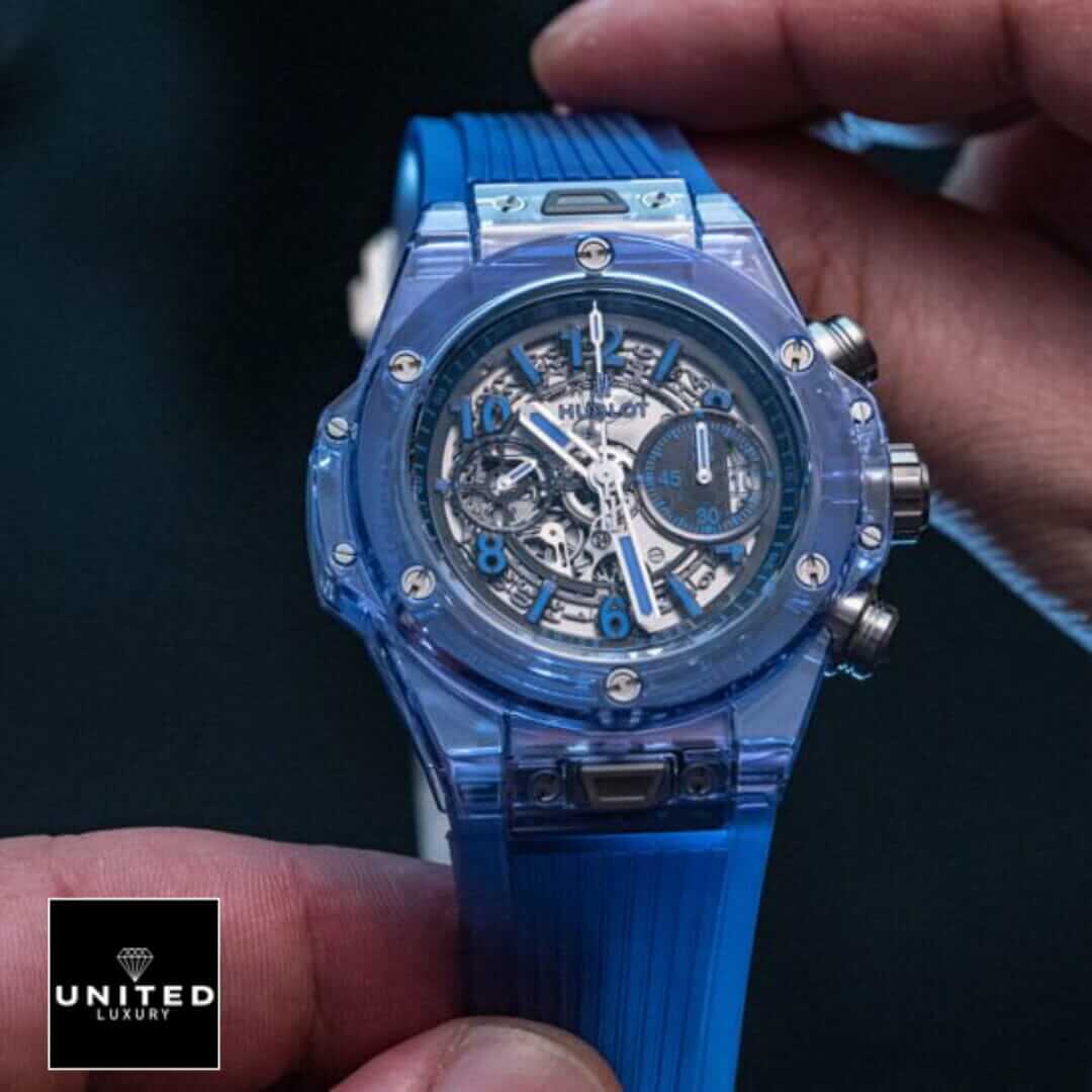 Hublot Blue Sapphire 3 Hublot Big Bang Blue Dial Blue Bezel on the hand