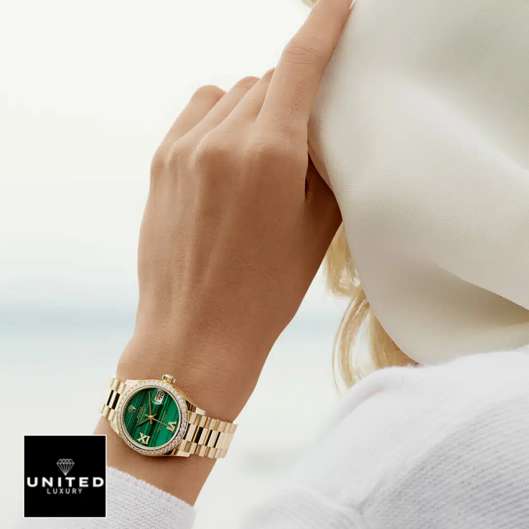 Rolex Datejust Gold Green Dial 3 the woman has Rolex Datejust 31 278278-0004 on her wrist