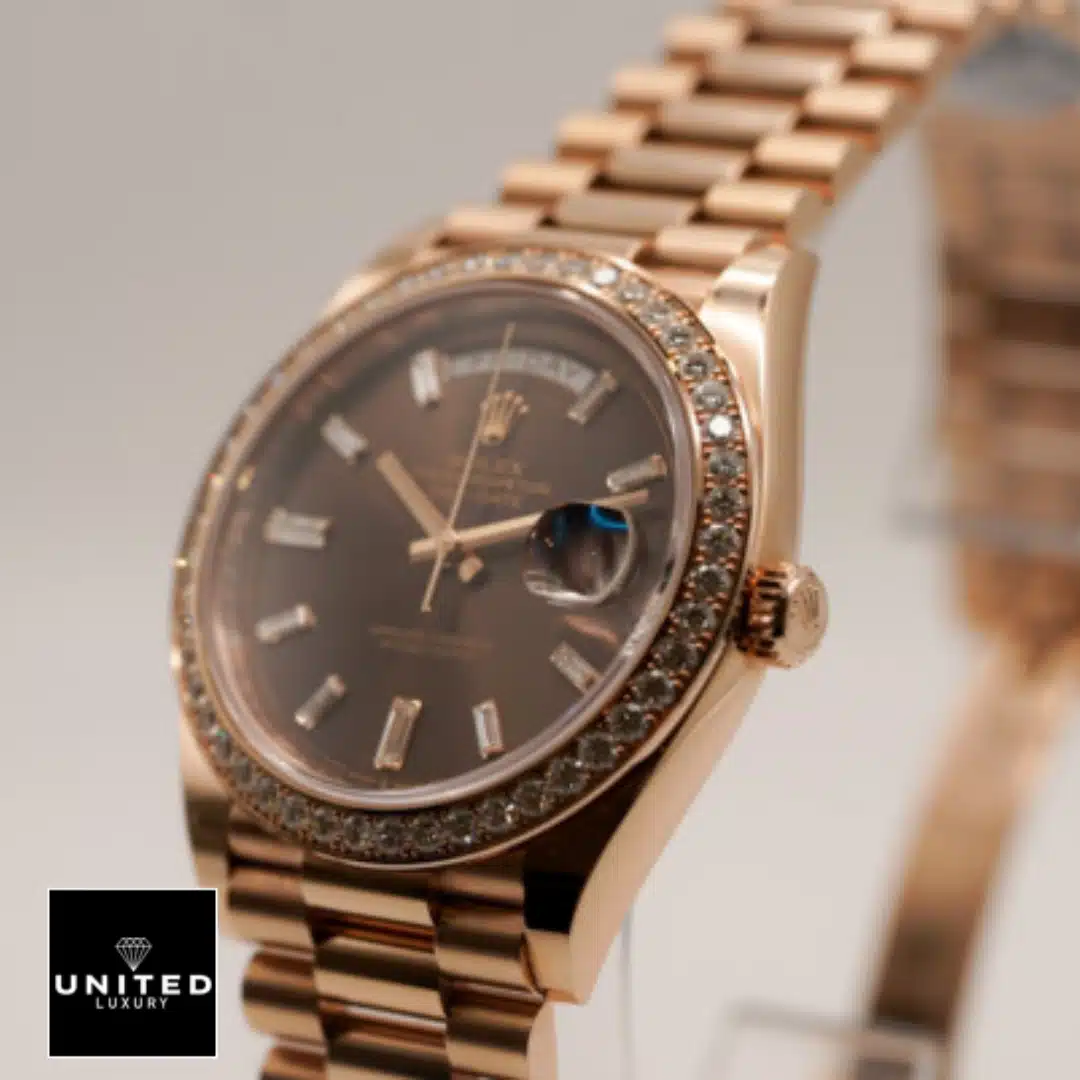 Rolex Day-Date 228345RBR Chocolate Dial Diamond Bezel 5 Rolex Day-Date 40 Rose Gold Crown Pusher 228345RBR