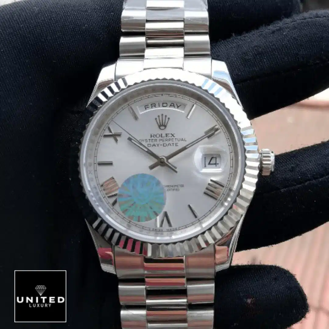 Day-Date 228239 Roman Fluted Bezel White Dial  on the hand