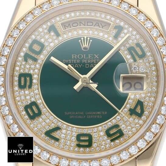 Rolex Datejust 118348  dial is green with Diamond and Arabic numerals