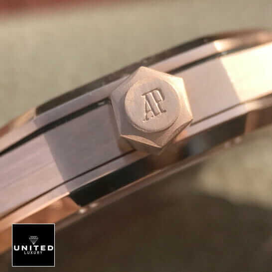 Audemars Piguet Royal Oak Rose Gold Case  crown on the ap logo