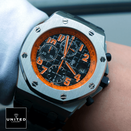Audemars Piguet Orange Black Dial Steel Bezel  on the wrist