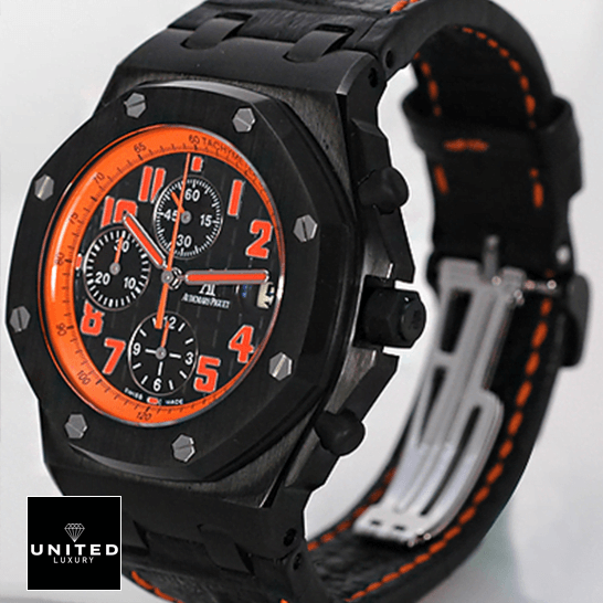 Audemars Piguet Orange Black Dial Black Bezel  side view white background