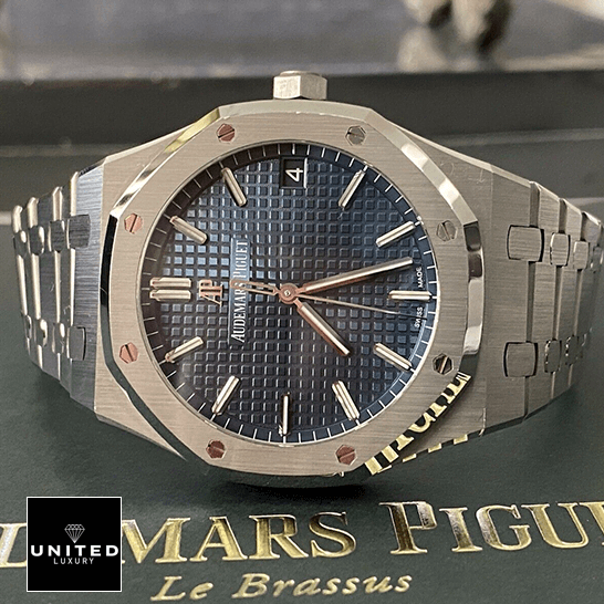 Audemars Piguet Royal Oak Blue Dial Steel Bezel  on the box side view