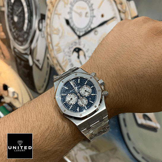 Audemars Piguet Stainless Steel Blue Dial  on the man wrist watch background