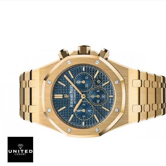 Audemars Piguet Blue Dial Yellow Gold  side view white background