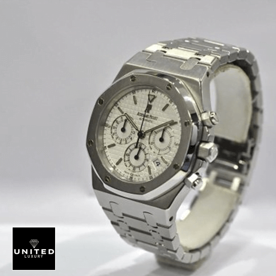 Audemars Piguet Royal Oak White Dial Steel Bracelet  gray background
