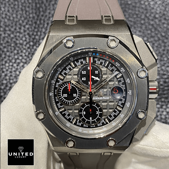 Audemars Piguet Grey Dial Carbon Bezel  front view on the hand