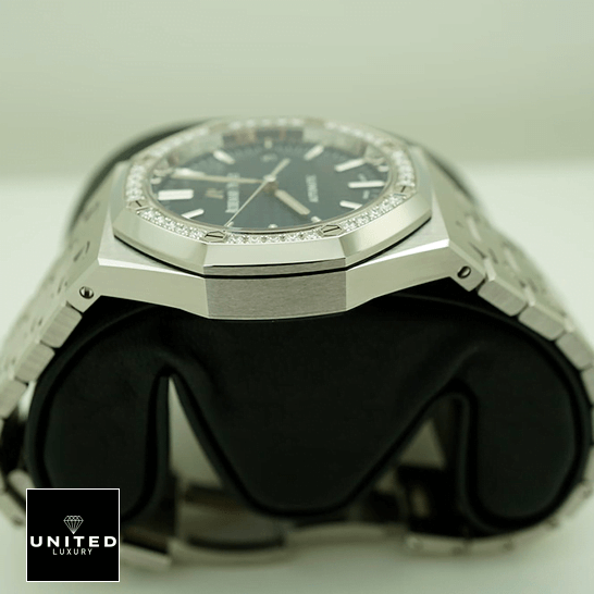 Audemars Piguet Royal Oak 15451ST.ZZ.1256ST.03 4 Audemars Piguet Royal Oak Blue Dial Diamond Bezel on the black stand