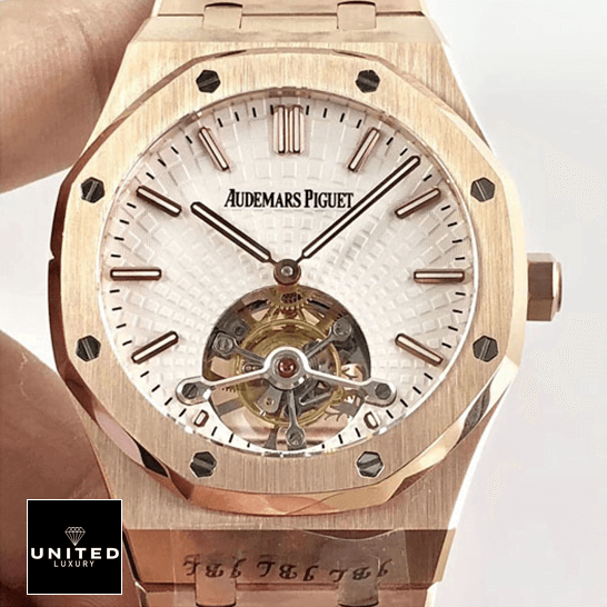 Audemars Piguet Royal Oak Tourbillion White Dial Rose Gold Case  on the hand