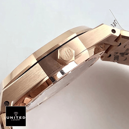 Audemars Piguet Royal Oak Rose Gold Case  crown on the ap logo