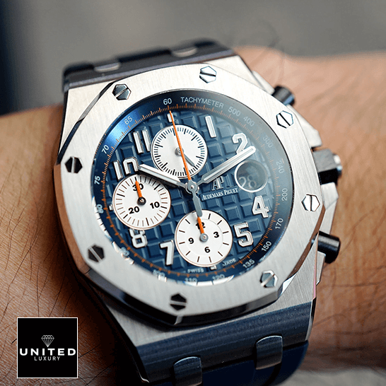 Audemars Piguet Blue Dial Royal Oak  on the wrist red second hand