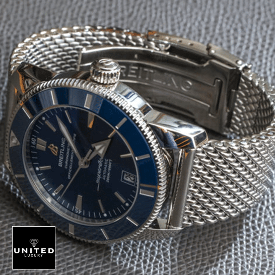 Breitling Heritage Steel Bracelet Blue Dial  side view