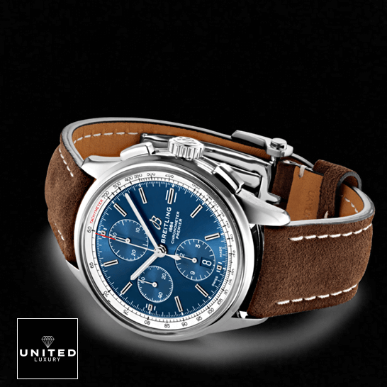 Breitling Premier Automatic Blue Dial Steel Case  black background