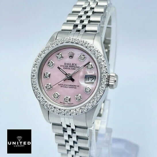 Rolex Datejust Pink Diamond Dial Jubilee  on the white stand