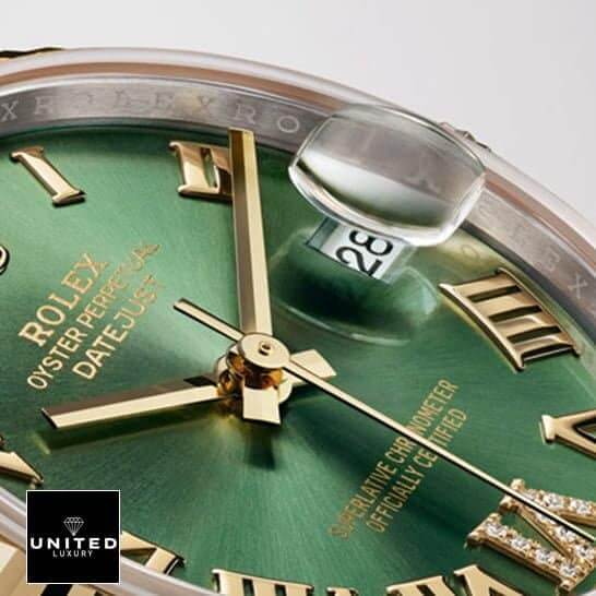 Rolex datejust green dial roman  close analog view