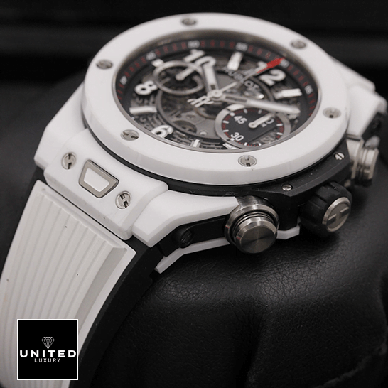 Hublot Big Bang Unico 2 Hublot Big Bang Black Dial White Rubber Bracelet on the black stand