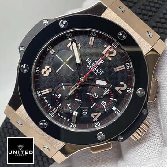 Hublot Big Bang Black Dial Gold Case  red second hand white background