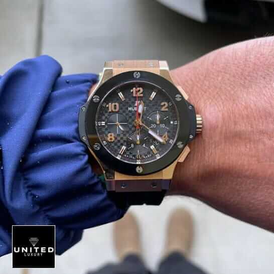 Hublot Big Bang Gold Case Black Bezel  red second hand on the wrist