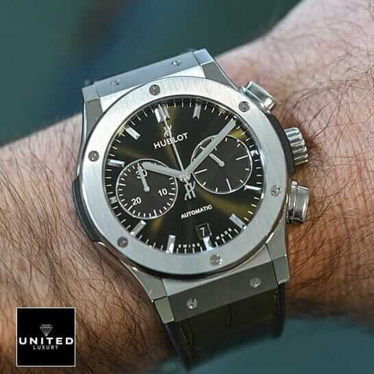 Hublot Leather Strap 4 Hublot Classic Fusion Black Dial Steel Bezel on the man wrist