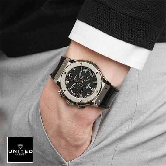 Hublot Leather Strap 2 Hublot Classic Fusion Black Dial Leather Black Bracelet on the man wrist