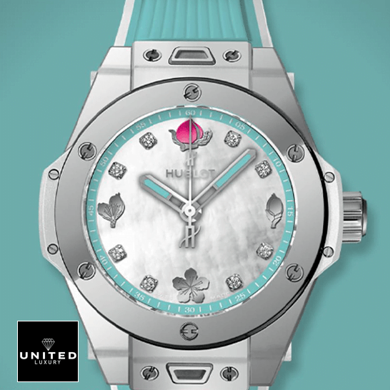 Hublot Big Bang One Click White Dial Blue Rubber Bracelet  blue background