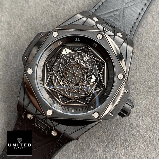 Hublot Big Bang All Black Leather Bracelet  on the grey carpet
