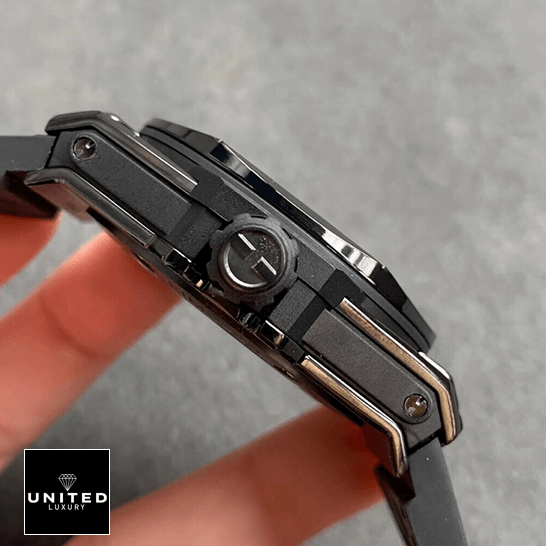 Hublot Big Bang All Black Carbon Case  side view crown on the hand