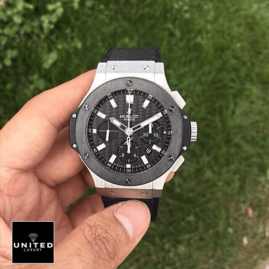 Hublot Big Bang Steel Ceramic Black Dial  grass background