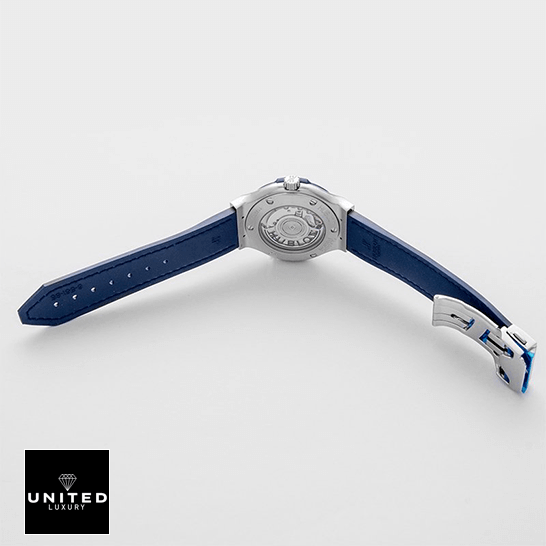 Hublot Classic Fusion Automatic Blue Rubber Bracelet  opened clasp white background