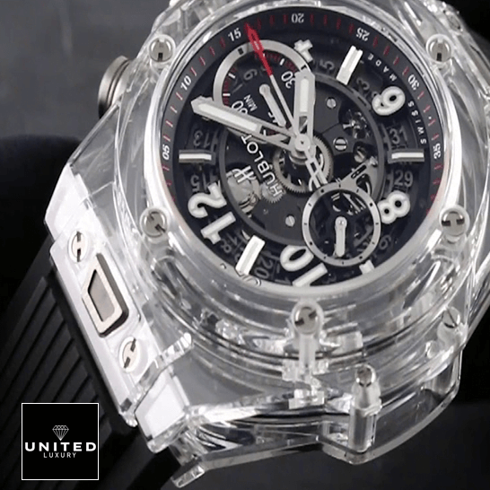 Sapphire Case Watch 1 Hublot Black Dial Black Rubber Bracelet red second hand