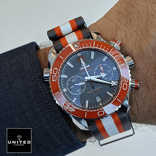 Omega Seamaster Orange Bezel  on the man wrist