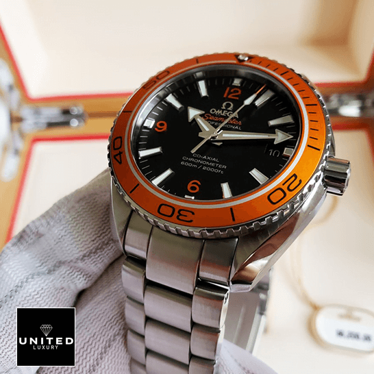 Omega Orange Bezel Black Dial  steel bracelet in the box