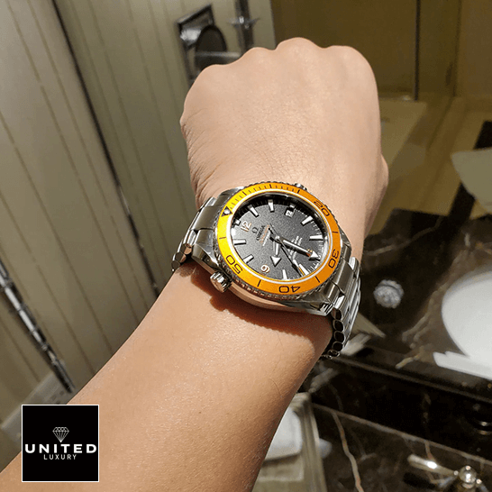 Omega Seamaster Grey Dial Orange Bezel  on the wrist