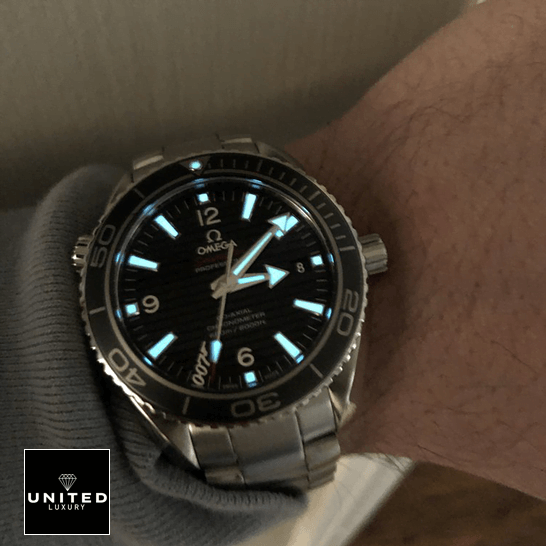 Omega Seamaster Planet Ocean Black Dial  phosphor dial on the wrist