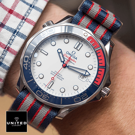 Omega Seamaster Blue Buckle Bracelet White Dial  on the wrist