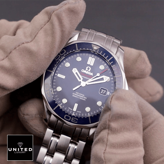 Omega Seamaster Blue Dial Stainless Steel Bracelet  on the glove hand